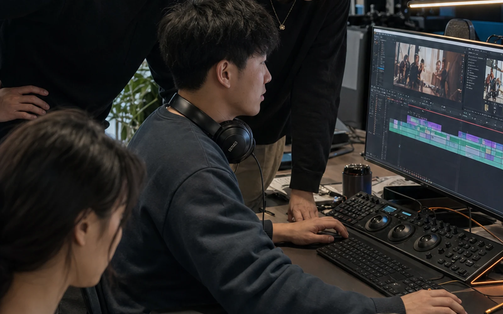 内容制作人员在剪辑工作站处理视频素材的场景示意