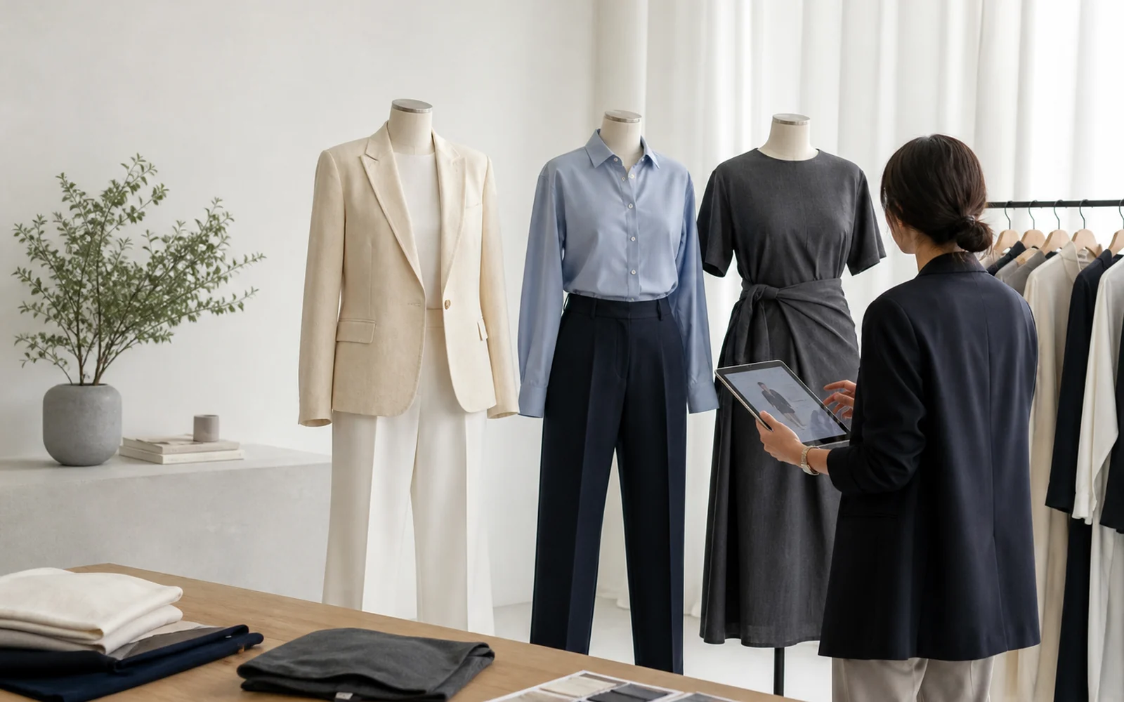 服装工作室中的不同穿搭与商品拍摄布置,展示电商视觉制作场景