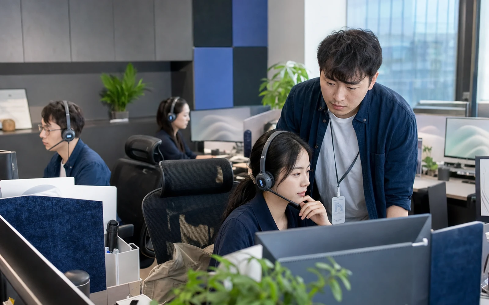 明亮办公环境中,客服人员使用耳机与工作台处理客户咨询的场景示意